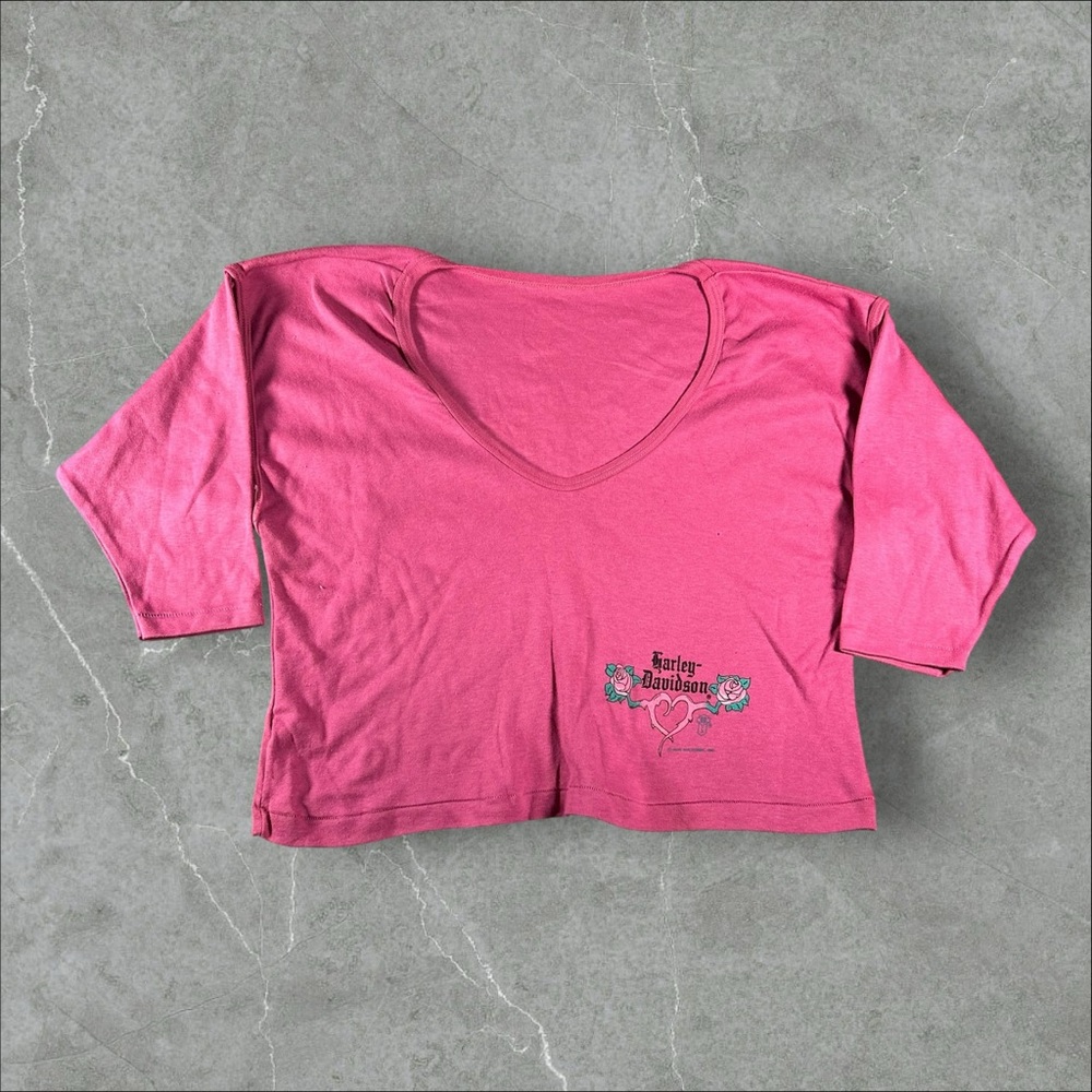 Vintage Harley-Davidson Shirt Womens XL Pink Floral V Neck 80s‎ Biker Holubek